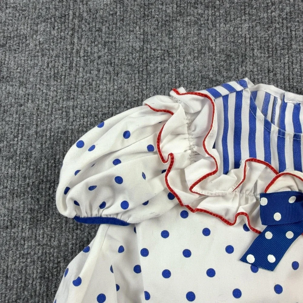 VTG Polka Dot Outfit Set Girls 18-24M White Blue Top Shorts 2 Piece Bow Stripe